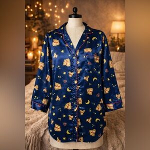 Vintage Kathryn Teddy Bear Pajama Top Navy Satin Celestial Moon Stars Button M